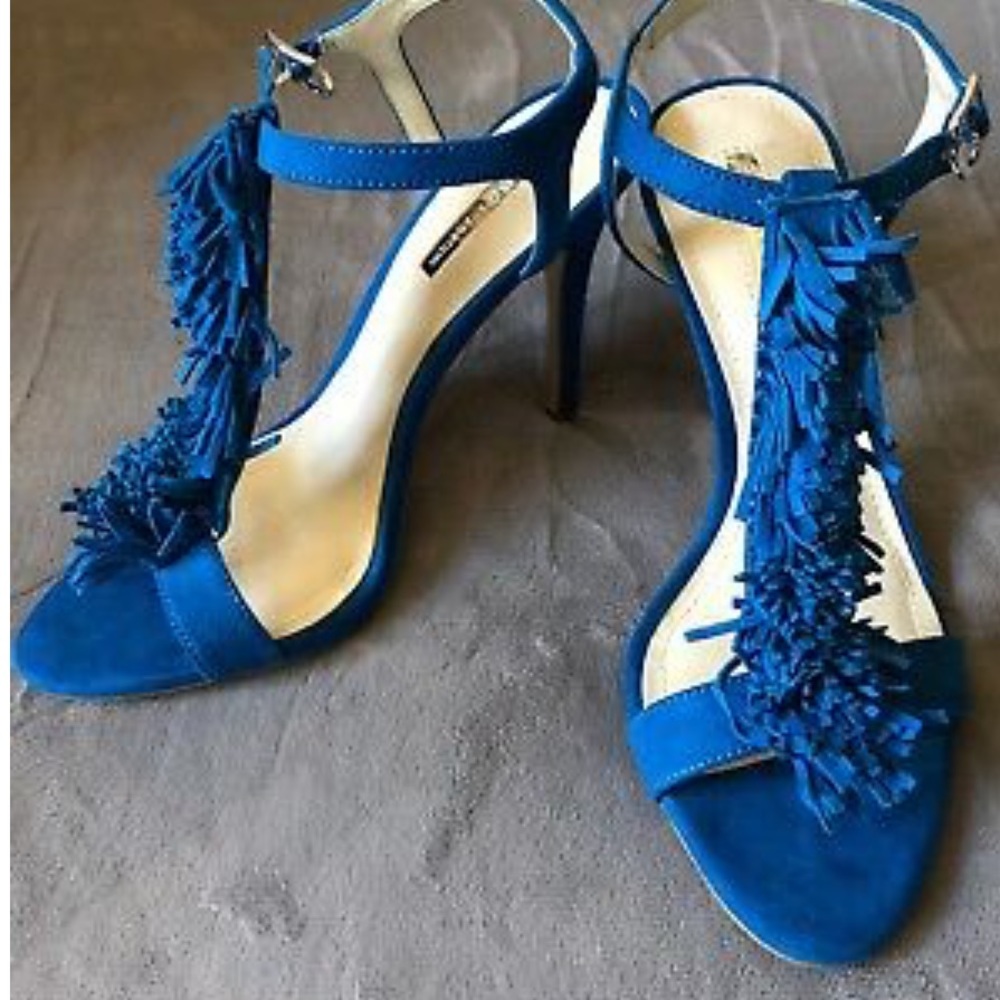Blue suede fringe heels (new with box)